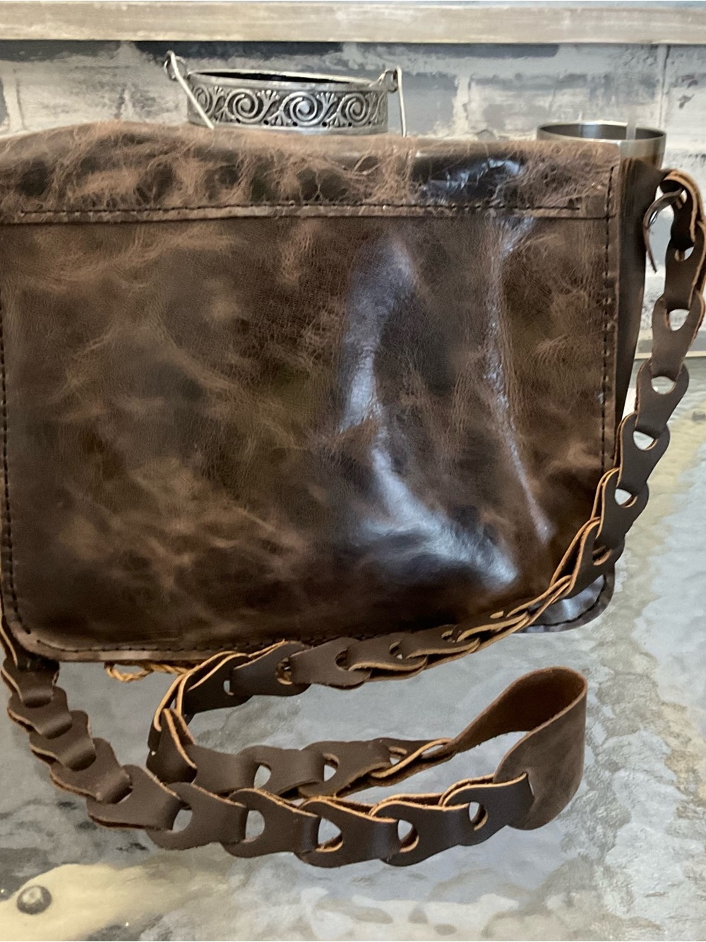 Bed Stu NWOT Distressed Dark Brown Leather Crossbody with Braided Strap - Picture 3 of 4